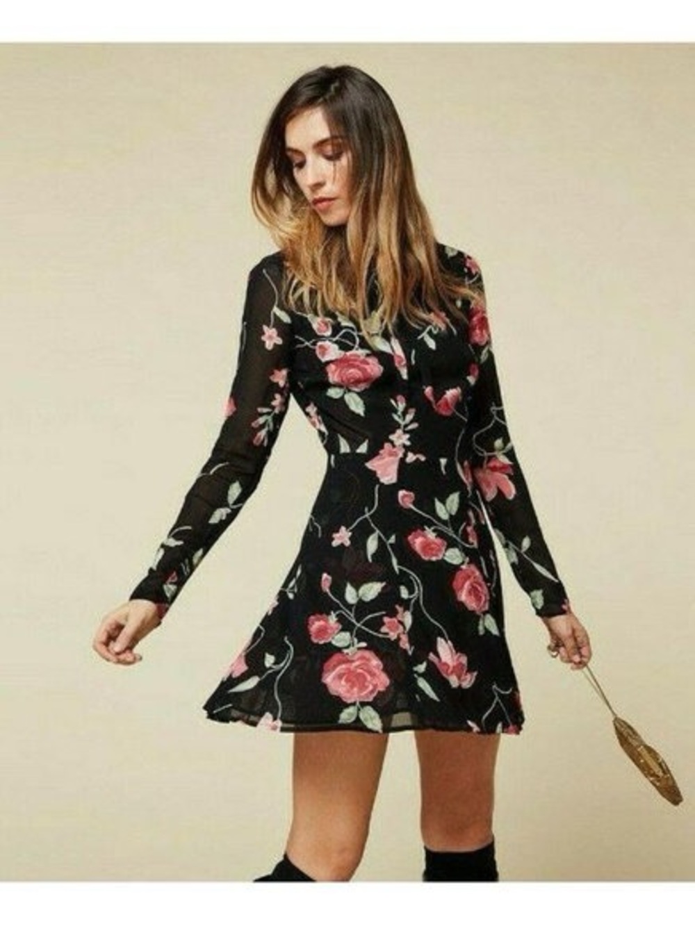 Reformation Portia Black Floral Rose Print Mini Dress | Size 4 | GUC